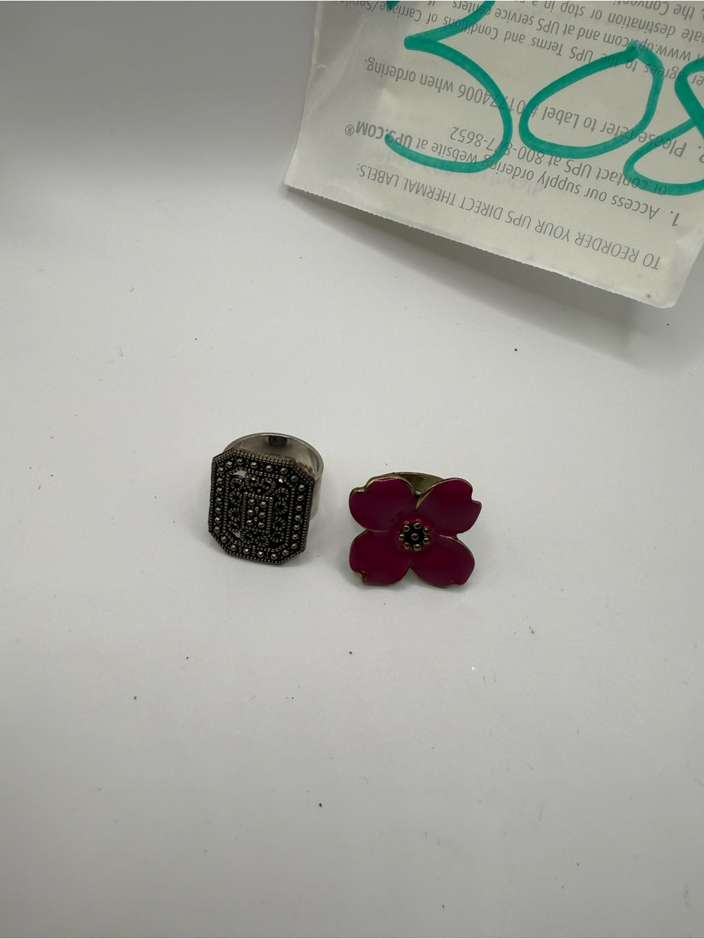 Silver Tone Marcasite Ring and Magenta Enamel Flower Ring Set